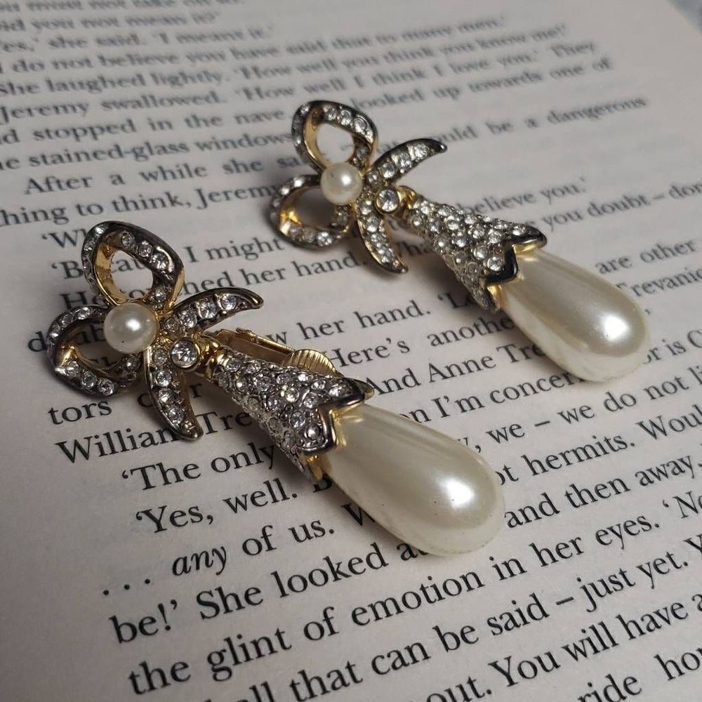 Vintage Pear Teardrop with Diamonds Clip on and Pierce Earrings
